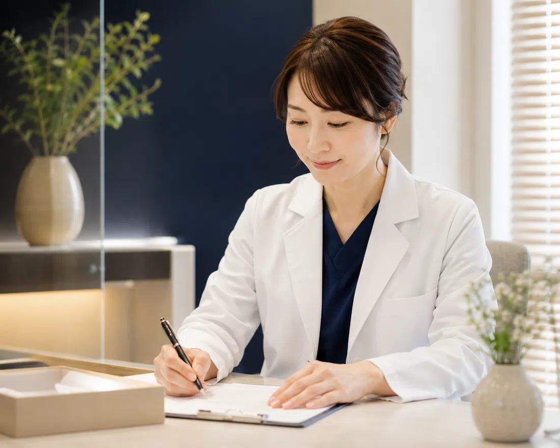 歯科医師が指示書を確認・記入している様子
